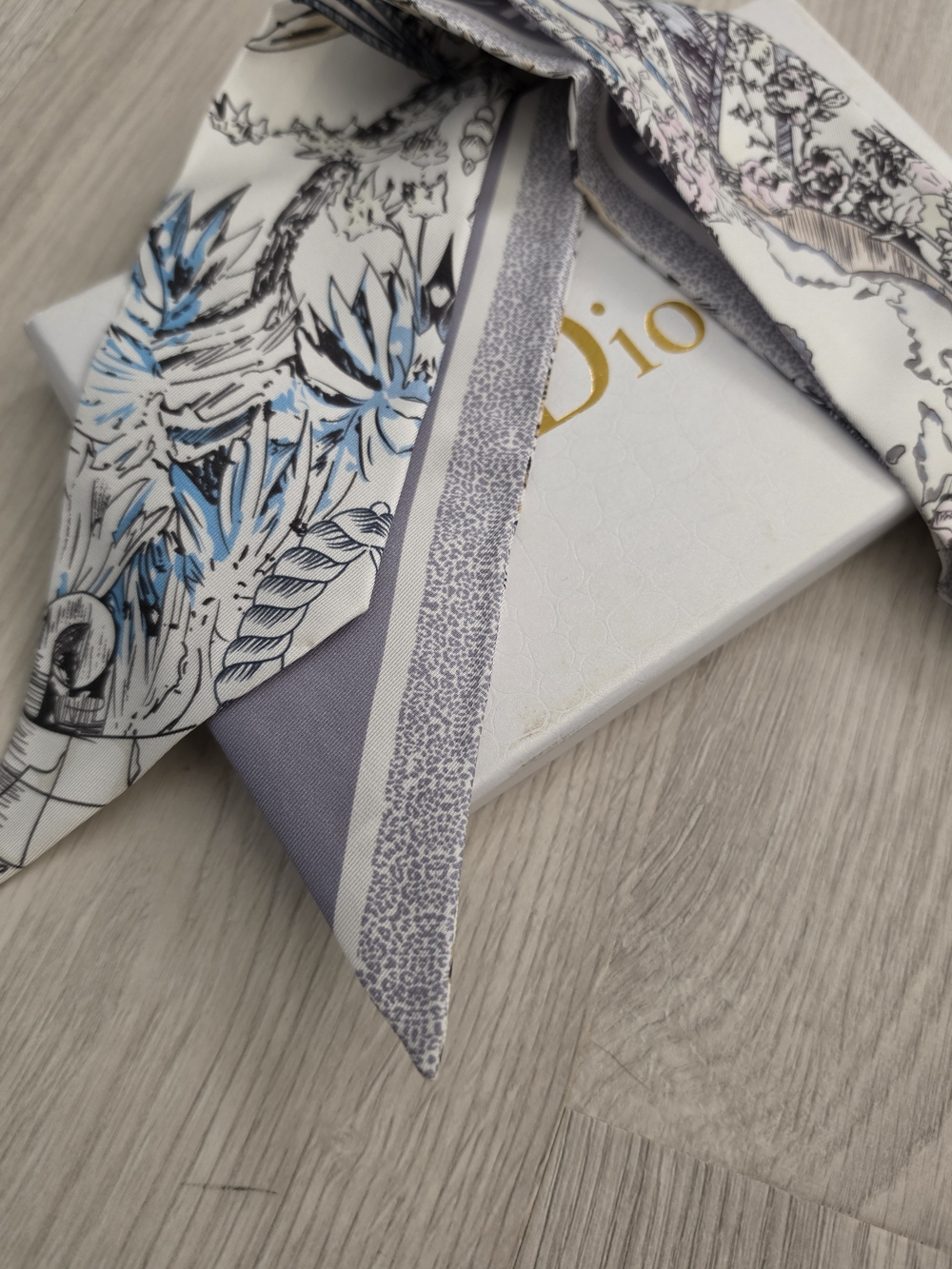 Dior Floral & Botanical Print Silk Twilly in Blue, Purple, Cream